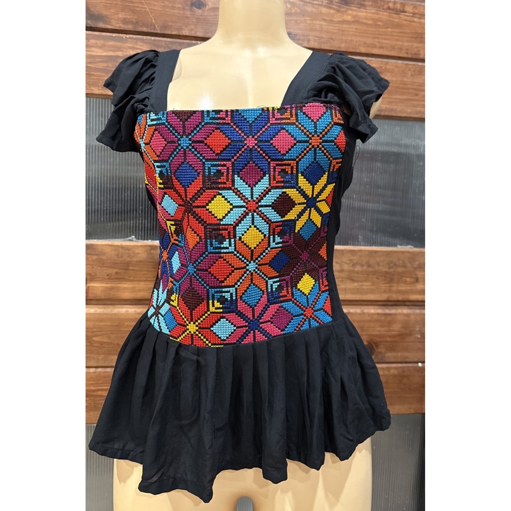 Embroidery Black Huipil Diamond Authentic Mexican Women's Size Large Shirt